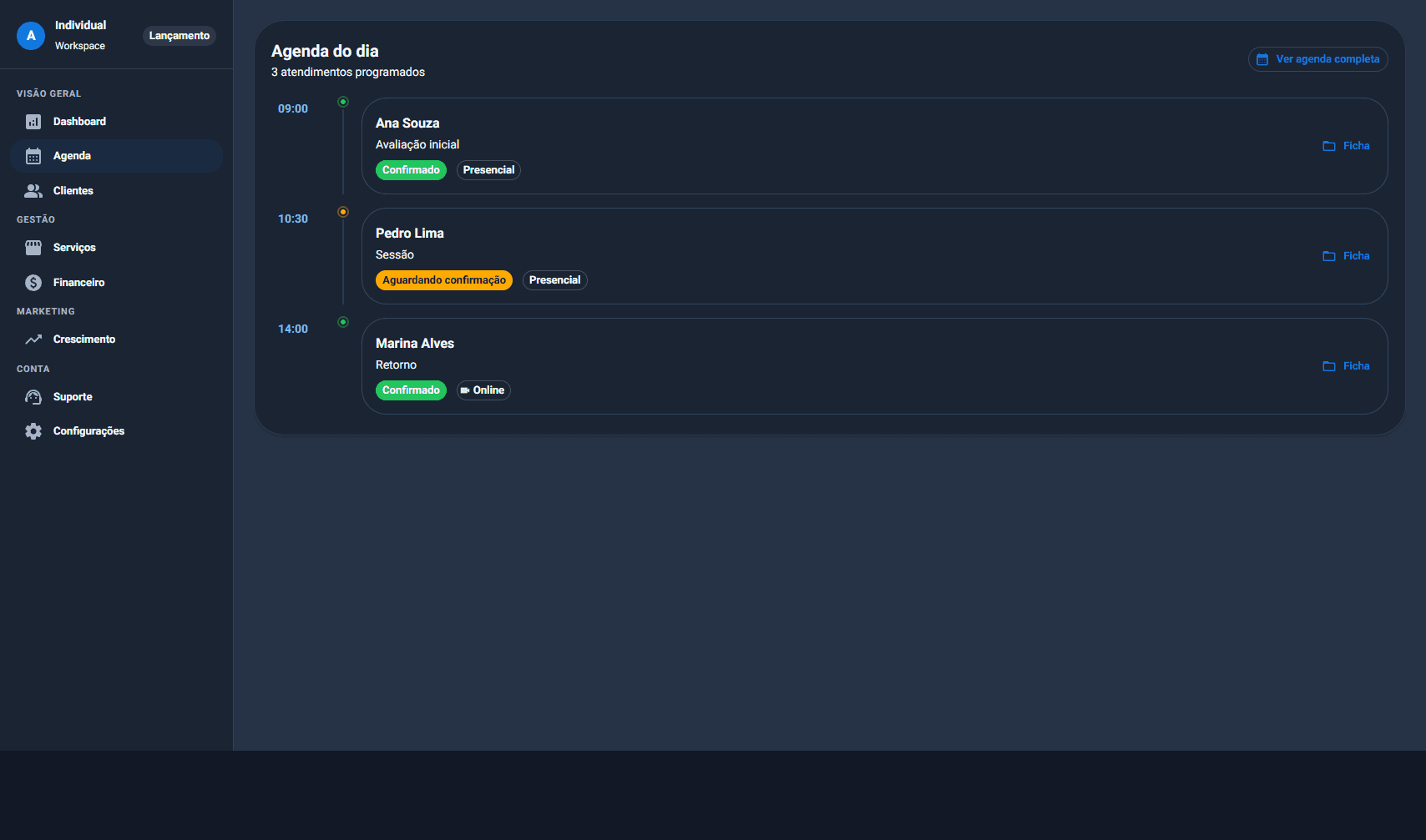 Agenda do dia no Acolly com status confirmado, aguardando e online